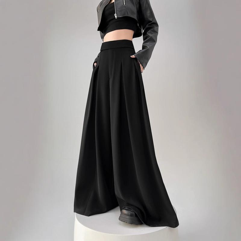 レディース スーツパンツ ワイドレッグパンツ 女性用 長ズボン 春夏 黒 グレー ホワイト ハイウエスト 直筒 ゆったりシルエット 梨型対応 垂れ感 スリム効果 フロア丈 スカートパンツ風 ポリエステル ストレッチ 軽量 吸湿速乾 通勤 普段使い カジュ