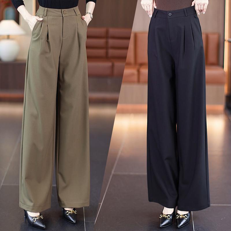 レディース 高腰 ワイドパンツ 直筒 ロング 黒 ブラウン ストレッチ 免? 中厚手 ポケット 垂れ感 気質 通勤 快適 休? 秋冬 秋 シルエット ゆったり 伸縮性 吸湿速乾 普段使い 軽量