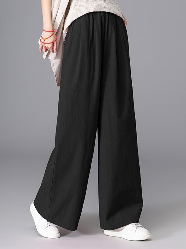 春夏 レディース ワイドパンツ コットンリネン 砂洗い加工 ゆったりロングパンツ 高腰 直筒 ミッドウェイト 微弾性 切り替え 紐付き 文?風 レトロ カジュアル 普段使い 通勤用 軽量 通気性 吸湿速乾 ホワイト ベージュ ブラック レンガ色