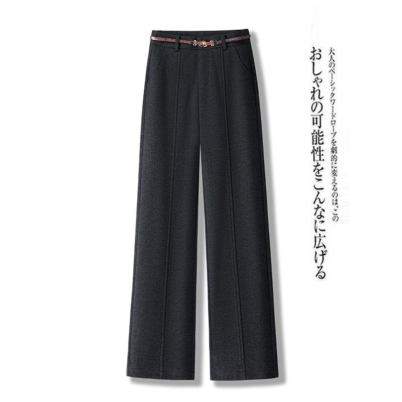 レディース 冬用 ワイドパンツ ハイウエスト ストレートパンツ 羊毛混 ポリエステル 厚手 微弾性 垂感 切り替え ウエストベルト 快適 日常使い 秋冬 カジュアルスタイル 杏色 ブラウン グレー ロング丈 ゆったりシルエット 軽量 暖か素材