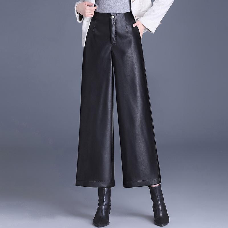 レディース 秋冬 スカートパンツ 黒 ハイウエスト ワイドレッグ ニーパンツ ストレート ゆったり PUレザー 切り替え ポケット 軽量 伸縮性 吸湿速乾 デイリー カジュアル 私服 部屋着 通勤用 大きいサイズ 再生繊維 ビッグシルエット