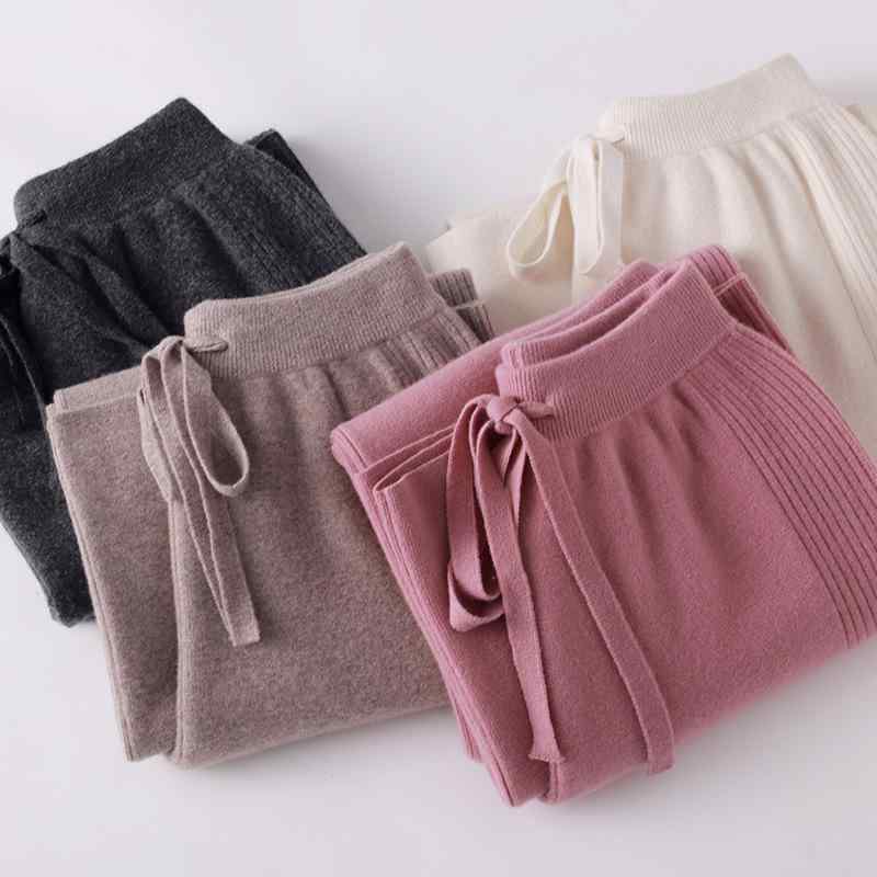 秋冬 レディース 羊毛 ニット ワイドパンツ 女性用 ゆったり 垂れ感 スリム効果 高腰 直筒 ロングパンツ 側面 ピンタック デザイン 中厚 微弾性 日韓 カジュアル スタイル 素雅白 紫 ディープグレー 桜花ピンク 接触冷感 再生繊維 ファッション