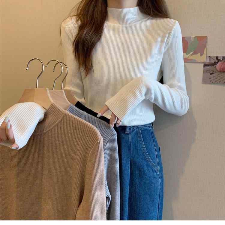 秋冬 ニット トップス レディース シンプル 百搭 スリム 半高領 長袖 純色 ショート丈 薄手 ポリエステル ナイロン 粘液繊維 修身 セットインスリーブ 日韓 カジュアル ブラック ホワイト