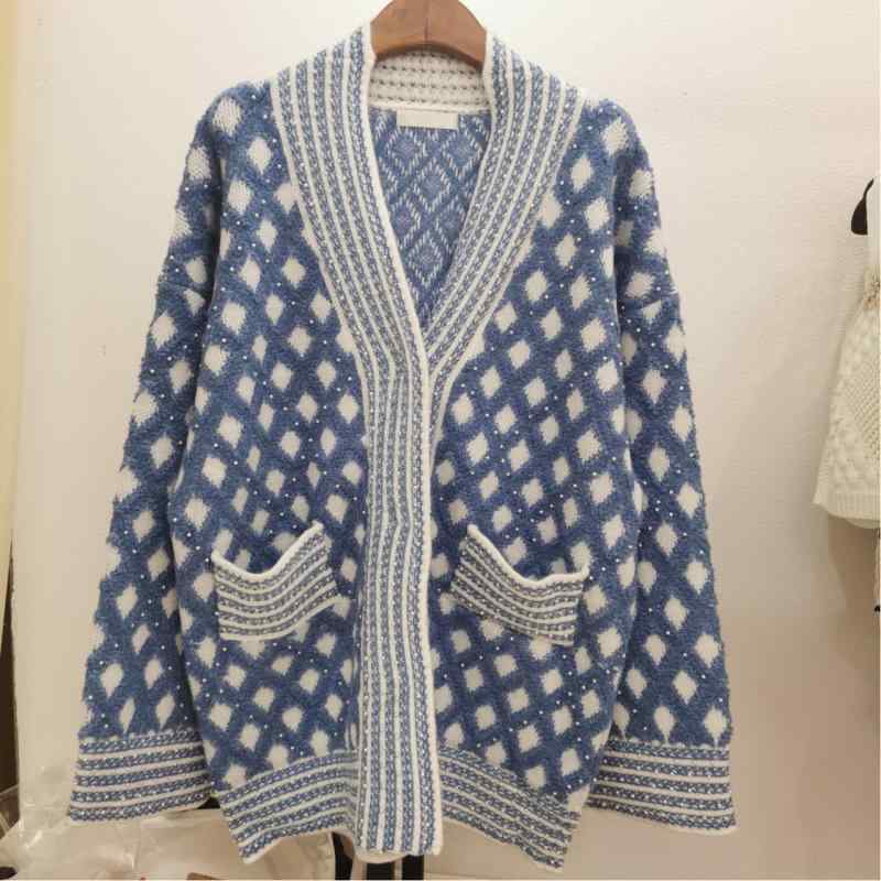 ニット トップス 女性用 開衫 ピンク ブルー Vネック 長袖 ワイドシルエット 中長丈 厚手 菱格子柄 ポケット付き ビーズ刺繍 綿混 ポリエステル 気質 通勤 普段使い 軽量 伸縮性