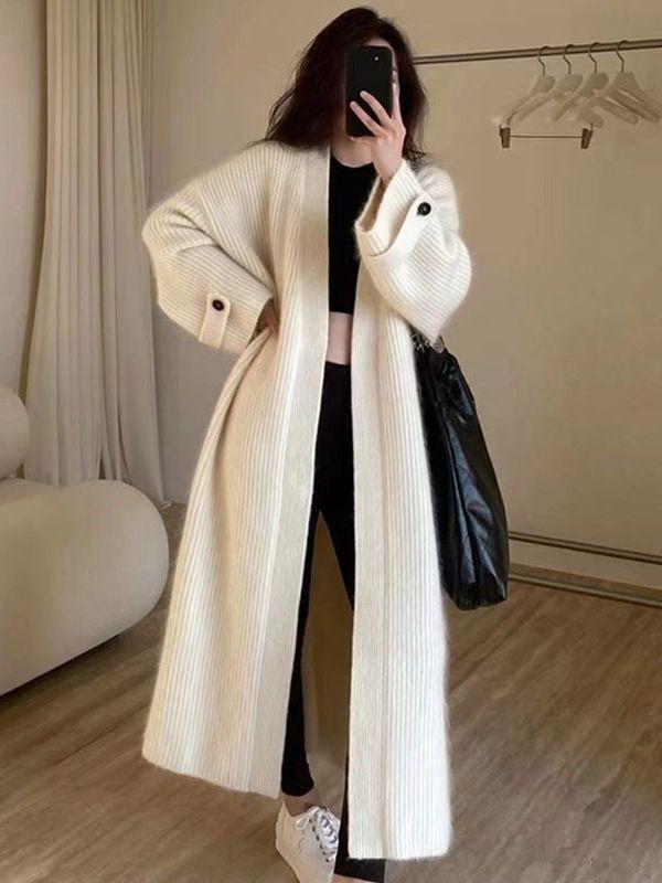ニット カーディガン 女性用 長袖 Vネック ゆったり ロング丈 接触冷感 切り替え ボタン 純色 米白 ベージュ ブラック グレー ブラウン 秋冬 快適 リラックス スタイル