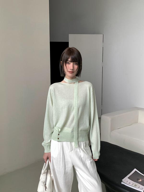 ニットトップス 女性用 春夏 長袖 ラウンドネック 羊毛混 ポリエステル ストライプ柄 リボン切り替え デザイン性 韓国風 カジュアル ライトグリーン ブルー グレー ストライプ ホワイト ピンク イエロー ブラック