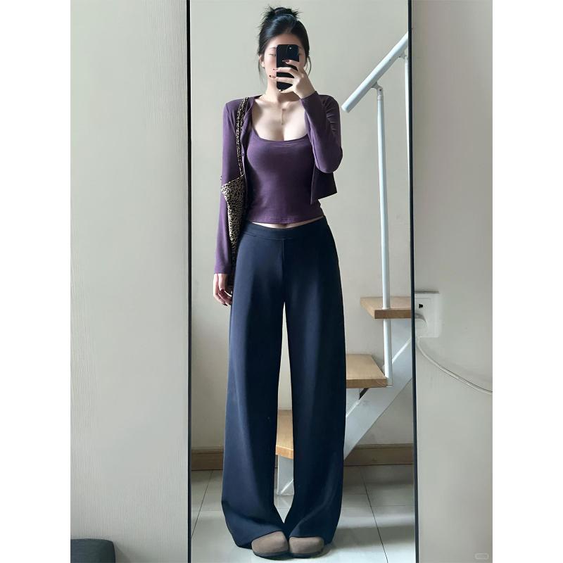 レディース 秋冬 紫色 ニット カーディガン 背心 吊帯 ロングパンツ セット 接触冷感 ?? 素材 切り替え デザイン ハイウエスト 軽量 通勤 普段使い 伸縮性 吸湿速乾 機能 カジュアル スタイル 日韓 ファッション ビッグシルエット Vネック ア