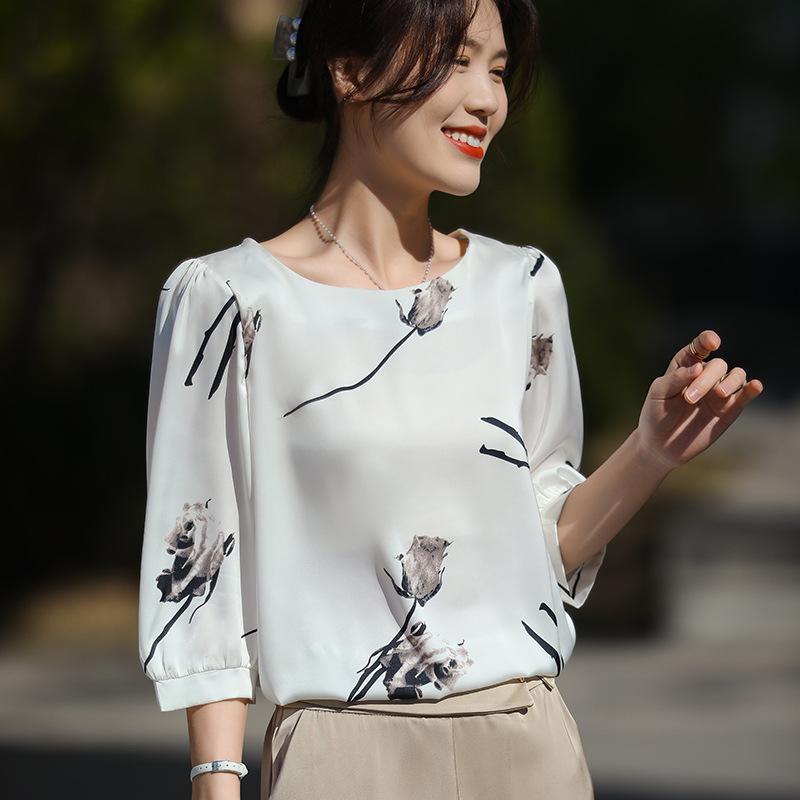 Tシャツ 女性用 夏 春夏 接触冷感 ポリエステル スパンデックス 伸縮性 吸湿速乾 軽量 七分袖 方領 ワイドシルエット プリント柄 気質 通勤風 快適カジュアル 通常丈 ホワイト シャンパンカラー インナー トップス ブラウス シャツ 普段使い 部屋