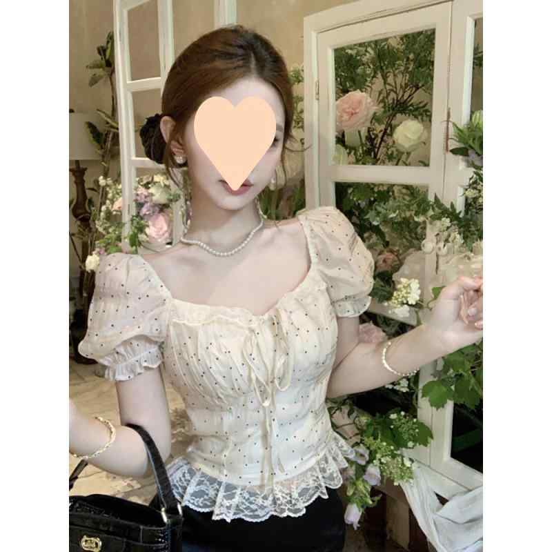 Tシャツ 女性用 短袖 方領 泡泡袖 レース ポルカドット フリル 修身型 アクリール混 接触冷感 軽量 春夏 通勤 普段使い かわいい 甘め スパイシー フレンチスタイル ビッグシルエット Vネック風 ピンク系 アイボリー ブラック 吸湿速乾 伸縮性