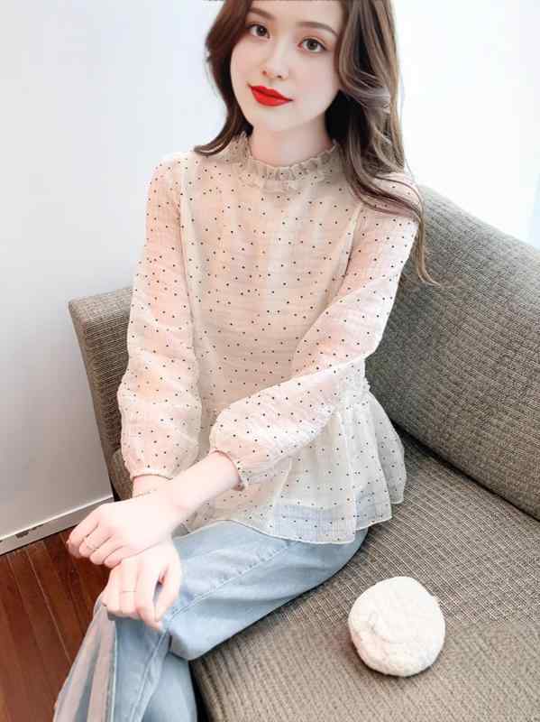 長袖シャツ 女性用 フレンチスタイル フレッシュ 雪?素材 ポリエステル 波点柄 短丈 ワイドシルエット ラウンドネック 泡泡袖 荷叶エッジ 切り替えデザイン 甘め 清新 プルオーバー 春夏 秋冬 通勤 普段使い 軽量 柔らか