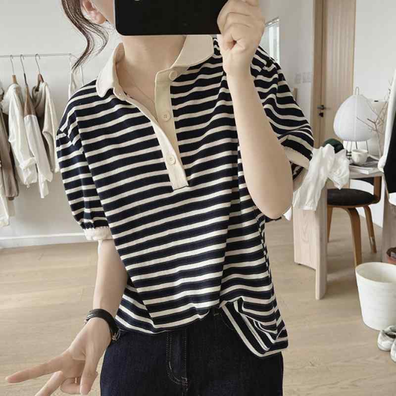 Tシャツ 女性用 夏 短袖 トップス ポロ襟 泡泡袖 切り替え 条紋 ワイドシルエット ブラック ホワイト 綿素材 通勤 普段使い 軽量 吸湿速乾 気質 都市風 気質通勤 セットインスリーブ フレッシュ スリムライン
