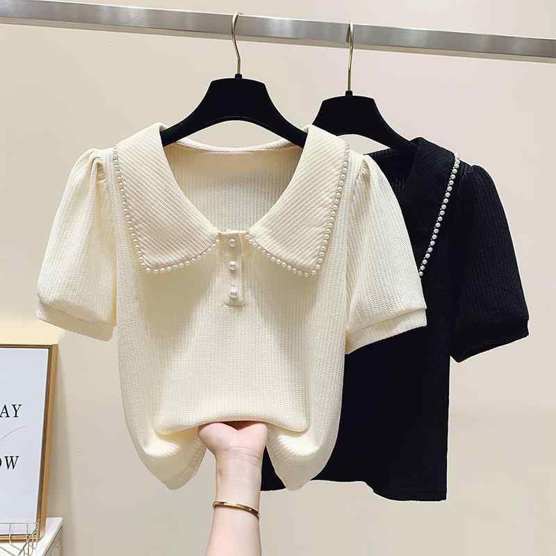 Tシャツ レディース 夏用 ぽっちゃり対応 ゆったりシルエット 泡泡袖 短袖 ドルマンスリーブ 気質通勤 都市スタイル 修身版型 ラウンドネック 綿ポリエステル素材 軽量 伸縮性 接触冷感 杏色 ブラック ビーズ装飾 肩幅正しい スリム効果 肉感カバー