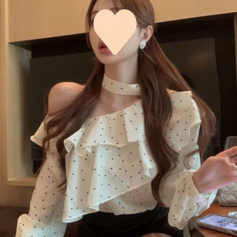 シャツ 女性用 春夏 フレンチスタイル 優しい風 斜め掛け 肩落とし ポルカドット プリント フリル 襟元 長袖 泡泡袖 立領 Aライン シルエット セットイン デザイン ポリエステル 混紡 素材 都市 通勤 スタイル 気質 基本 デザイン 波点 カラー