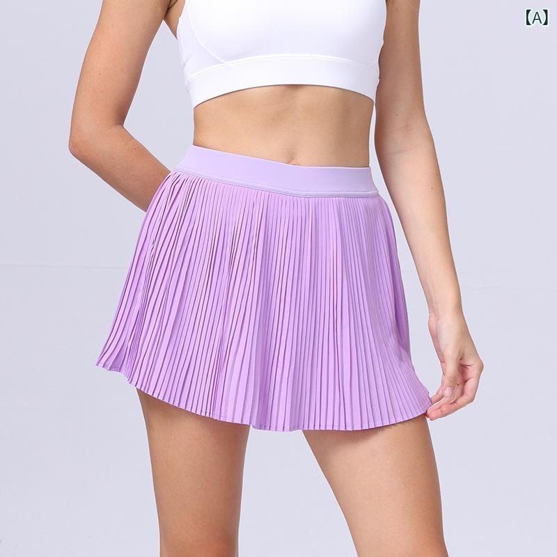 テニススカート 女性用 夏季 百褶 短め 防走光 ランニング ヨガ ハーフスカート 単色 ゴルフ フィットネス 伸縮性 ナイロン 混紡 夢幻紫 天?白 ブラック 洋紅 パープル ホワイト 黒 ピンク系 軽量 吸湿速乾 アクティブウェア スポーツ 動きやす