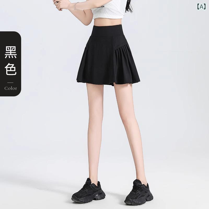 スカートパンツ 女性用 夏 薄手 フィットネス トレーニング ランニング 防走光 ゆったり 高腰 スリム ヨガ テニス ブラック ベージュ ライトブルー 吸湿速乾 伸縮性 軽量 通勤 普段使い アウトドア