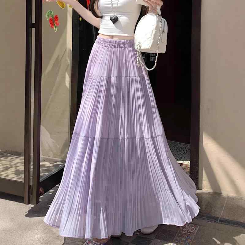 レディース 半身スカート 春夏 ロング プリーツスカート ゆったりフレア 雪絨風素材 ポリエステル 再生繊維 無弾性 ドローストリング 気質 エレガント 純色 ホワイト ブラック ライトパープル ゆったりシルエット 軽量 通勤 普段使い 私服 女性用 ス