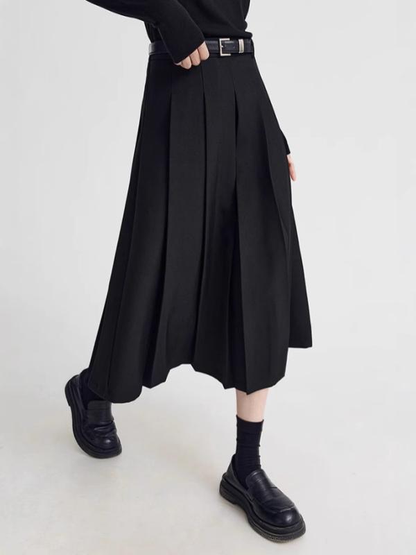 半身スカート 女性用 春季 通勤風 高腰 黒 Aライン ミディ丈 プリーツ 気質 マイクロストレッチ ポリエステル 切り替え スリム 普段使い ビジネスカジュアル