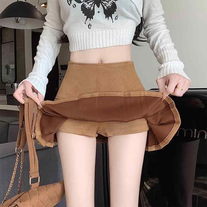 スカート 女性用 秋冬 ショートパンツ 付き 半身スカート 黒 ・贔皮? 素材 Aライン プリーツ 高腰 ?・覧 防走光 気質 通勤 スタイル ミディアム 丈 微弾力 快適 休? 切り替え デザイン 軽量 吸湿速乾 機能 ハイウエスト ビッグ シルエット 普