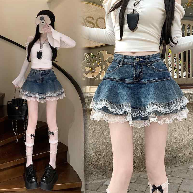 スカート 女性用 牛仔 半身スカート 百褶 ケーキスカート 弾力 伸縮性 通勤用 普段使い 都市風 快適 軽量 短丈 ハイウエスト ビッグシルエット 白色 ライトブルー 春夏