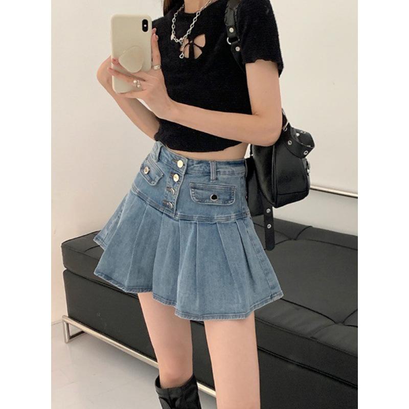 スカート 女性用 春夏 デニム ミディスカート 百褶 ハイウエスト ボタン ジッパー ブルー 切り替え コットン 無弾性 都市 通勤 かわいい スリム 軽量 普段使い 気質 スタイル フレッシュ
