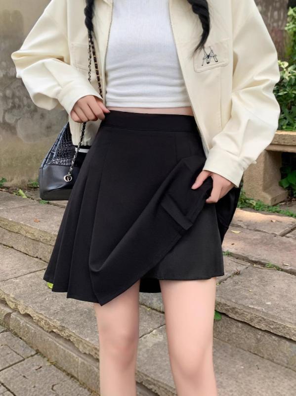 レディース 春夏 スカート ハイウエスト Aライン 短め 半身スカート 黒 グレー 百褶 ポリエステル 微弾力 防走光 垂感 気質 かわいい 少女風 清新 甘め 普段使い 軽量 通勤 通学 ファッション トップス合わせ