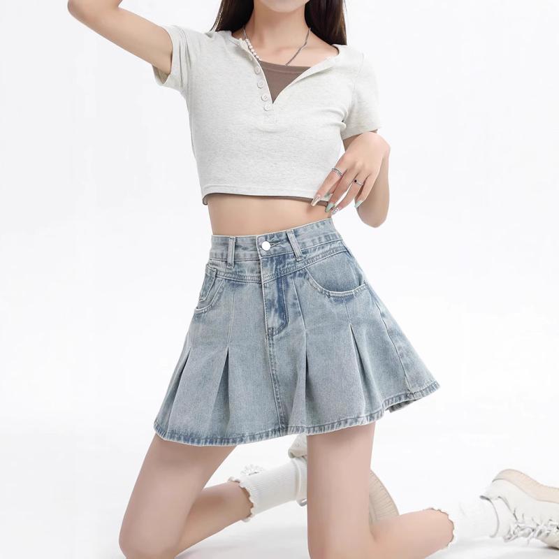スカート 女性用 夏 デニム 半身スカート 高腰 防走光 裏地付き 外穿 セクシー プリーツ ミニスカート 薄手 軽量 涼しい 接触冷感 綿混 ポリエステル デニム生地 グラデーション柄 アイロン不要 加工 ヴィンテージ風 浅いブルー ヴィンテージブルー