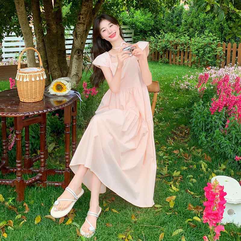 ワンピース 女性用 夏 春夏 ロング フレンチ かわいい Aライン スカート 飛袖 無袖 ハイウエスト ポケット 付き 接触冷感 ポリエステル ピンク ライトイエロー ブルー 森ガール スタイル 軽量 吸湿速乾 基本デザイン セットアップなし 方領 セッ