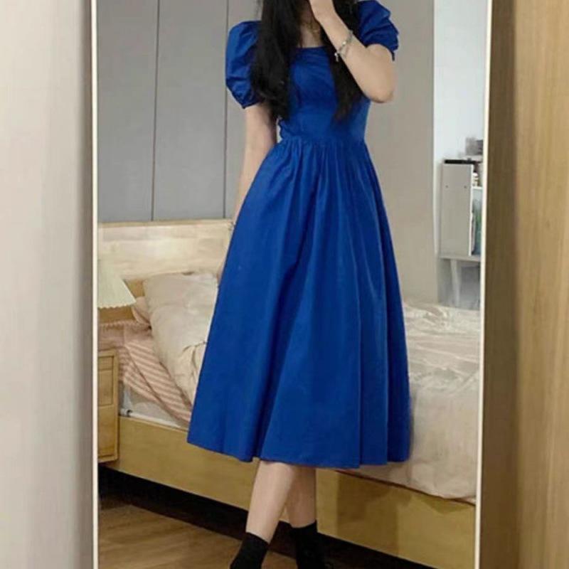 ワンピース 女性用 秋 法式 立領 短袖 切り替え 中長丈 仙女スカート 収腰 スリム 泡泡 スカート モダール 接触冷感 抽象 プリント ブルー 斜肩 デザイン 中腰 一粒 ボタン 街頭 スタイル 軽量 伸縮性 吸湿速乾 高級感 普段使い 通勤用