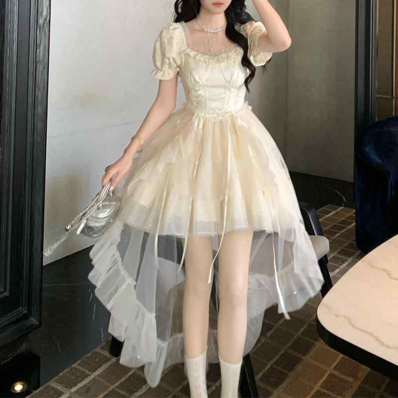 ワンピース レディース 公主風 杏色 短丈 ドラッグテール ビッグリボン プリンセススカート 提花 ポリエステル スパンデックス ハイウエスト 短袖 スクエアネック フレアシルエット かわいい 夏 爽やか 軽量 伸縮性 清新 甘め 基本デザイン 単品セッ