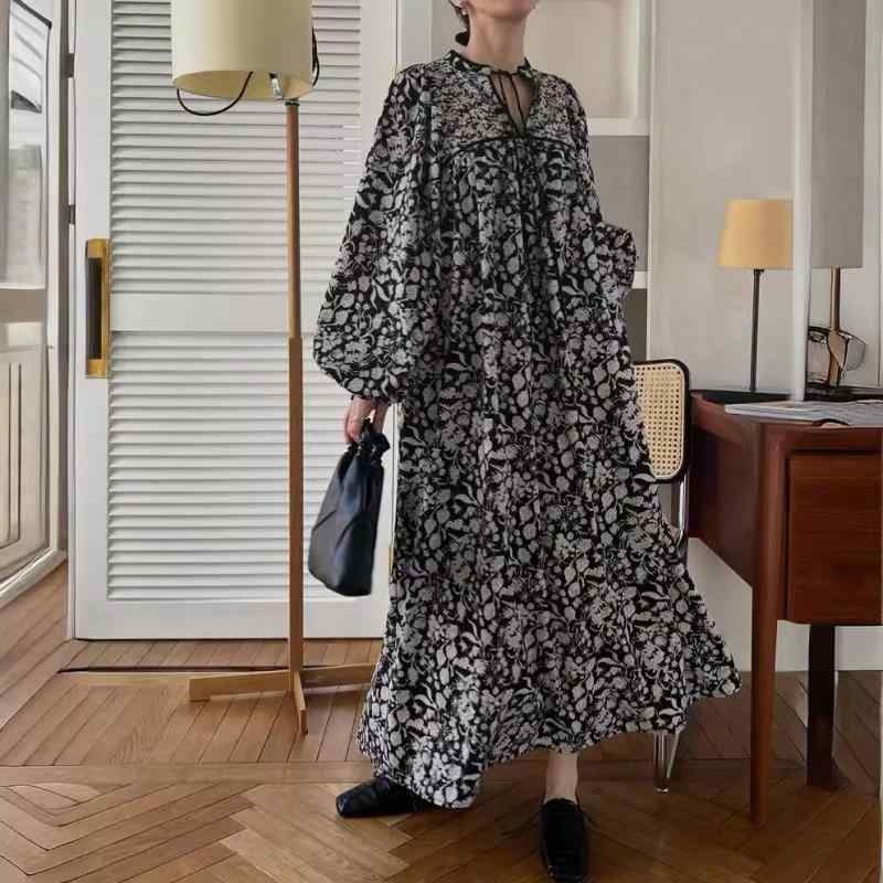 ワンピース 女性用 夏 春夏 日系 リゾート風 ゆったり 泡泡袖 A字型 ロングドレス ワンピース トップス ワンピース スカート 花柄 プリント 丸首 スタンドカラー 長袖 ゆったり腰回り ポリエステル 軽量 涼しい 接触冷感 花柄 フレグランス 気質