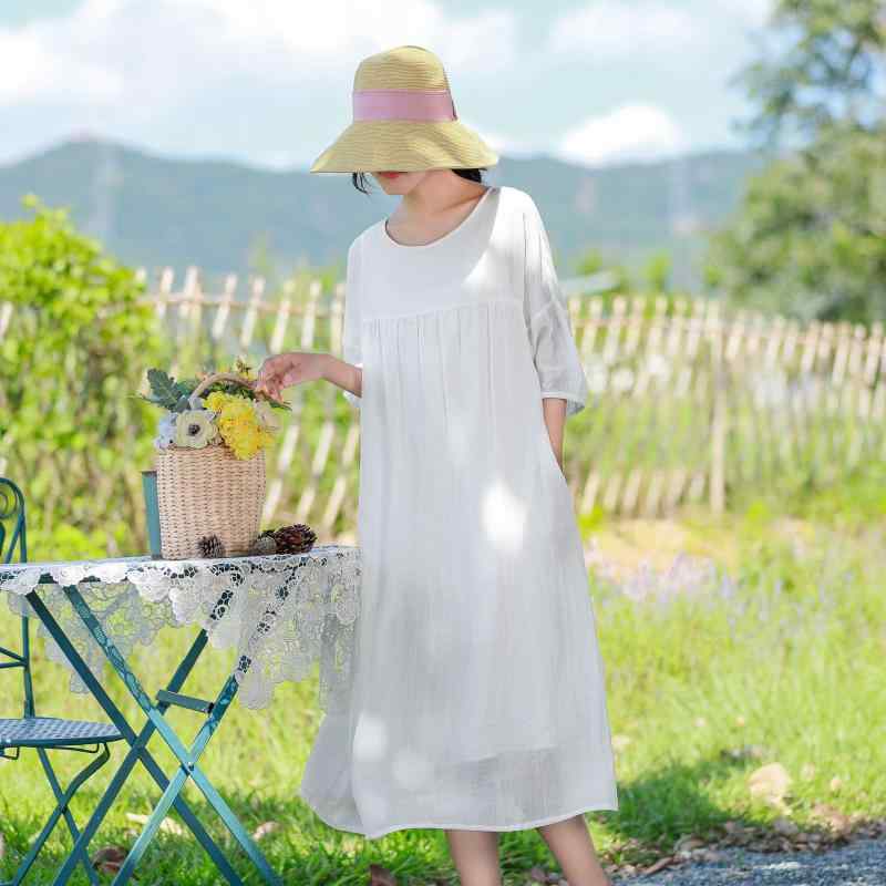 ワンピース 女性用 夏 春夏 綿麻 接触冷感 灯籠袖 切り替え 泡泡袖 ゆったりシルエット ラウンドネック ミドル丈 フレアスカート 純色 プレスプル ゆったり腰回り ビンテージ風 ラミー素材 軽量 吸湿速乾 通勤 普段使い カジュアル ホワイト ゆった