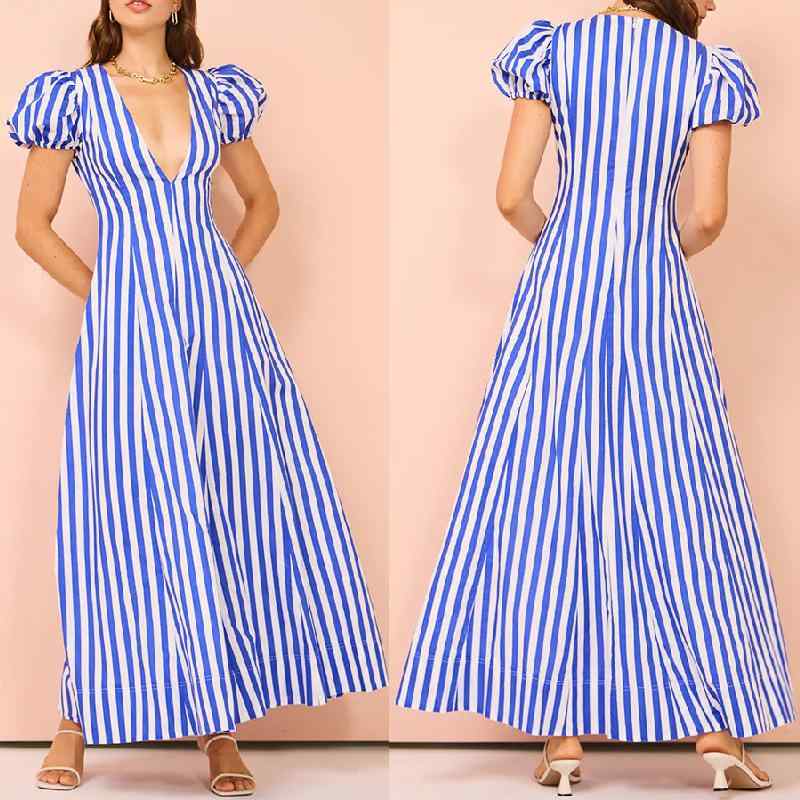 ワンピース レディース Vネック 泡泡袖 ハイウエスト フレアスカート ストライプ柄 コットンポリエステル 接触冷感 軽量 伸縮性 夏 春夏 ブルー ストリート カジュアル 普段使い 通勤 通学 ビッグシルエット 長丈