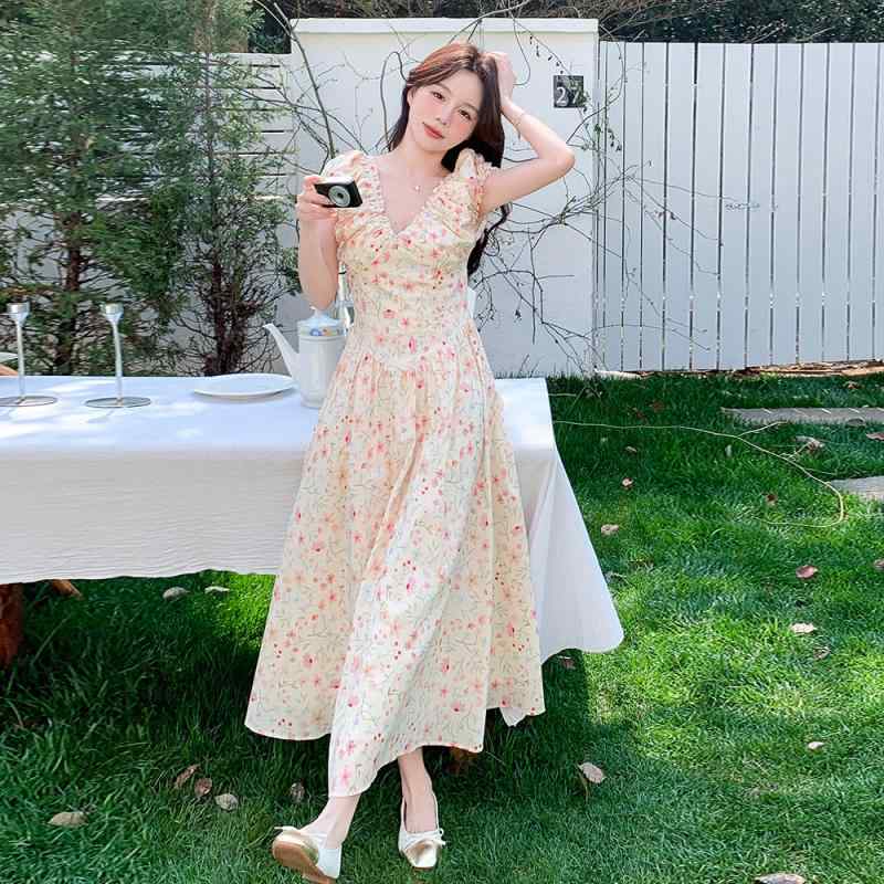 ワンピース 女性用 夏 春夏 ロング Aライン Vネック 泡泡袖 短袖 中腰 白色 ?? ポリエステル 再生繊維 3D 立体柄 接触冷感 免? 軽量 通気性 吸湿速乾 かわいい 減? デザイン性 百搭 日常使い 普段着 カジュアル ストリート 日韓風 潮