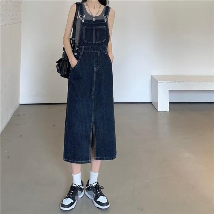レディース デニム 背広スカート 開き デザイン コットン 中腰 ノースリーブ ワンピース ミディアムレングス ストレートシルエット クラシカル ビンテージ スタイル 秋冬 ゆったり 大きいサイズ ウエストシェイプ ライトウェイト ブルー