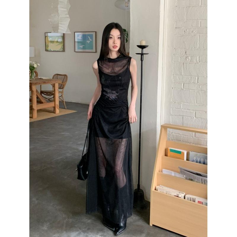 ワンピース 女性用 黒 ネット レース 修身 スリムフィット 高腰 Aライン 中長丈 開・楷 麻素材 無袖 方領 セットイン 単品 街頭スタイル 夏用 接触冷感 吸湿速乾 軽量 通勤 普段使い カジュアル ビッグシルエット