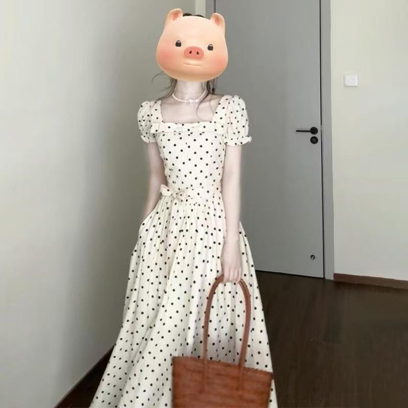 ワンピース 女性用 春夏 フレンチスタイル かわいい 泡泡袖 方領 ポルカドット ハイウエスト ロングスカート ポリエステル 接触冷感 軽量 通気性 ビッグシルエット タイトスカート 単品 短袖 セットアップ 純色 白 カラーバリエーション サイズ展開