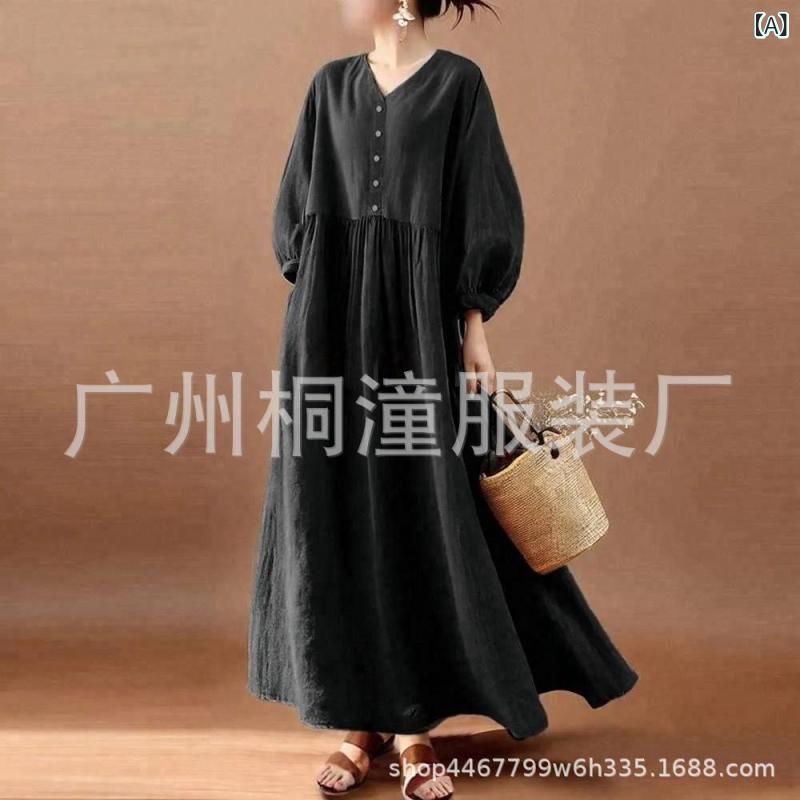 ワンピース レディース Vネック 九分袖 泡泡袖 ワイドシルエット 中長丈 Aライン スカート ゆったり腰回り 無地 純色 ブラック ・柑其色 ポリエステル 混紡 70-80% 接触冷感 吸湿速乾 軽量 通気性 快適 ゆったりスタイル 日韓風 春夏 202