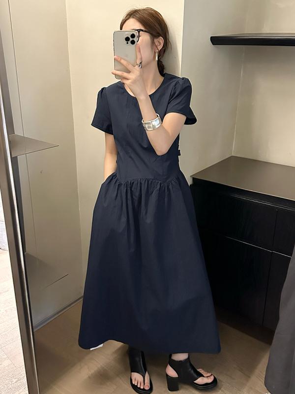ワンピース レディース 泡泡袖 長め Aライン ハイウエスト 切り替え 露腰 デザイン シンプル かわいい 綿 ナイロン 接触冷感 軽量 吸湿速乾 通勤 普段使い 部屋着 夏 春夏 秋 冬 通年 ブラック ピンク系 アイボリー ベージュ ブルー系