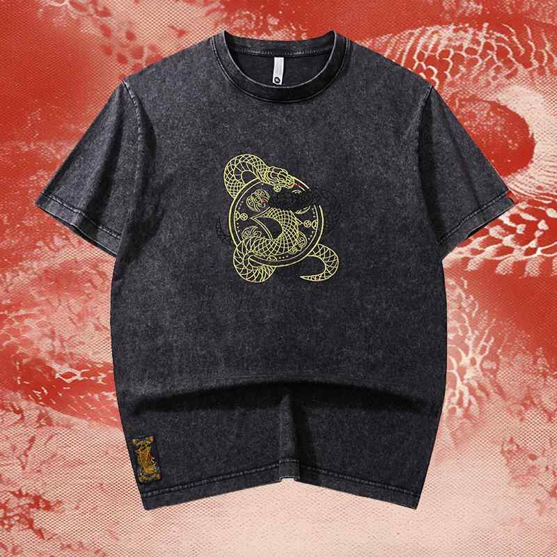 T シャツ メンズ 春夏 短袖 綿 刺繍 切り替え 蛇柄 中国風 赤 緑 黒 耐磨 軽量 日常使い ゆったり トップス 赤いTシャツ 緑のTシャツ 黒いTシャツ