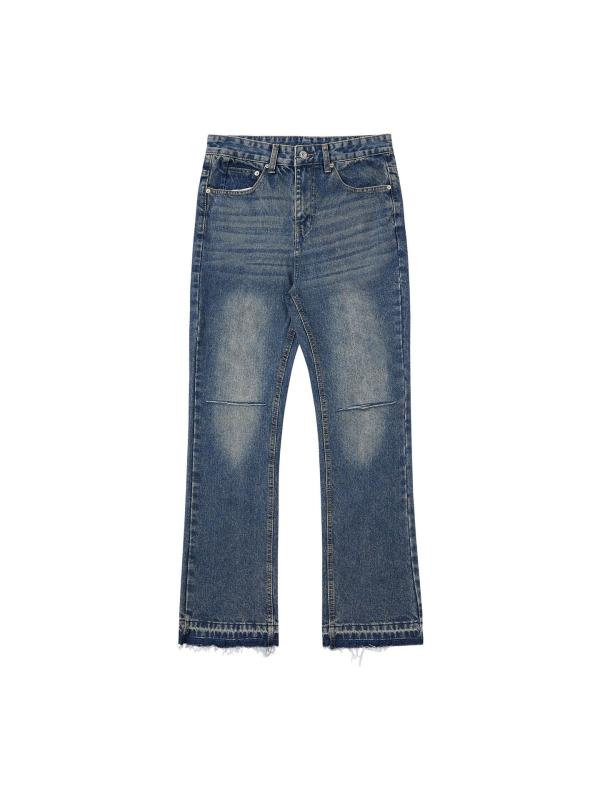 メンズ 牛仔パンツ 直筒 ワイドレッグ クラッシュ加工 水洗仕上げ ビンテージ風 ミッドライズ ジップフライ コットン素材 中厚手 ストレッチ性 ブルー 春季向け 日常使い ユース向け クラシックスタイル カジュアルデニム ファッション トップス合わせ