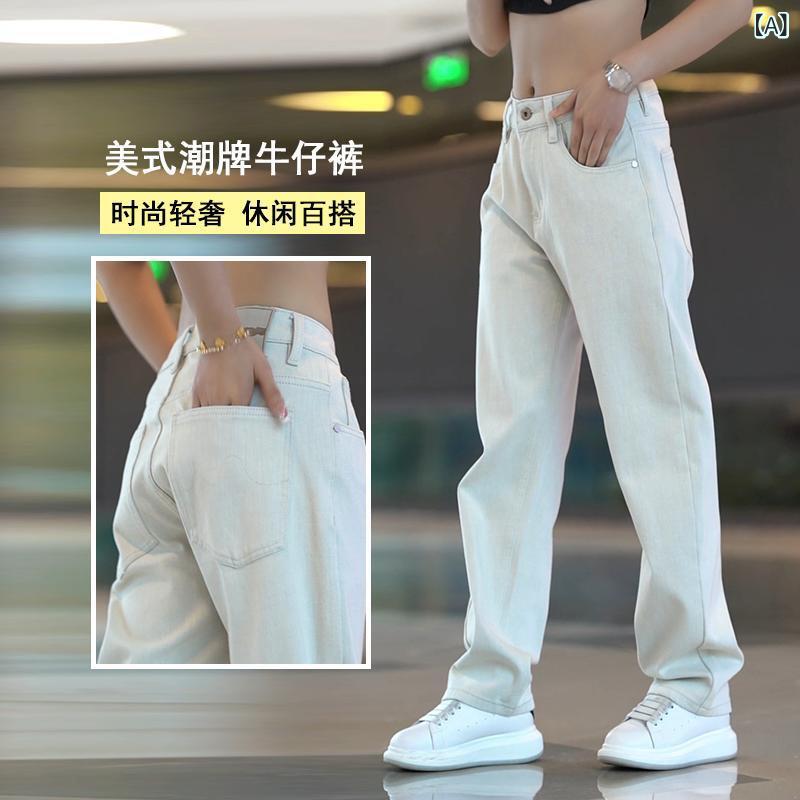 メンズ デニムパンツ 直筒 ミドルウエスト 薄手 ストレッチ 接触冷感 米白色 春 長ズボン ゆったり ミッドライズ コットン混 日常使い カジュアル 軽量 ゆったりシルエット ウエストラグ ドローストリング ポケット付き スタイリッシュ ベーシック 春