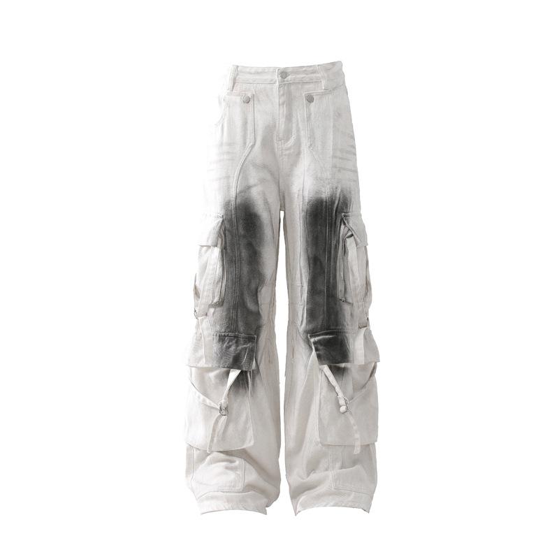 メンズ 牛仔パンツ ワークパンツ ストレート レギュラーフィット ミッドライズ ジップフライ インクジェット プリント リボン ディテール ウォッシュ加工 コットン100 綿素材 弾性なし 長丈 直筒レッグ ホワイト 春夏 秋冬 通年 ストリートスタイル