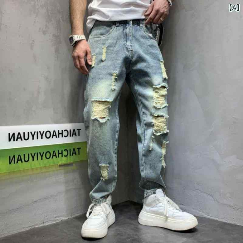メンズ 牛仔パンツ 直筒型 九分丈 破れ加工 ハーレムパンツ ブルー ミッドライズ 微弾性 ポリエステル混 ストリートスタイル 夏用 ゆったりシルエット ヴィンテージ風 普段使い 軽量 吸湿速乾 ファッション トレンド デニム ボトムス 男性用 青少年向