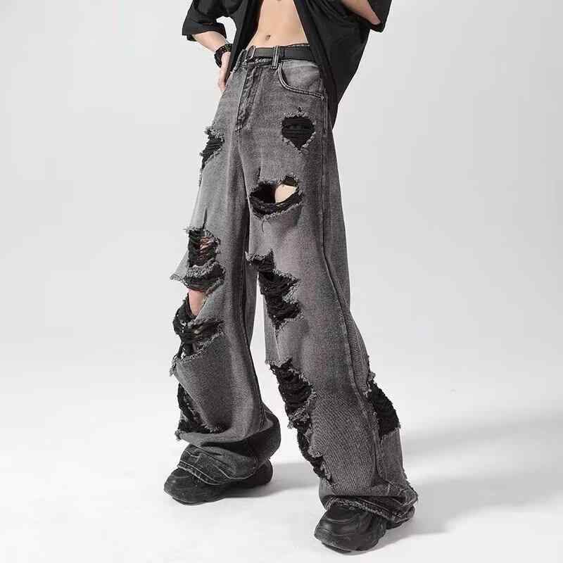 メンズ デニムパンツ 直筒 ロング ミッドライズ ボタン ウォッシュ加工 ヴィンテージ 破れ ダメージ ゆったり ワイドレッグ 軽量 微弾性 黒灰色 夏 ストリート カジュアル 普段使い 青春 流行 直筒 コットン ポリエステル ミックス デニム生地 す