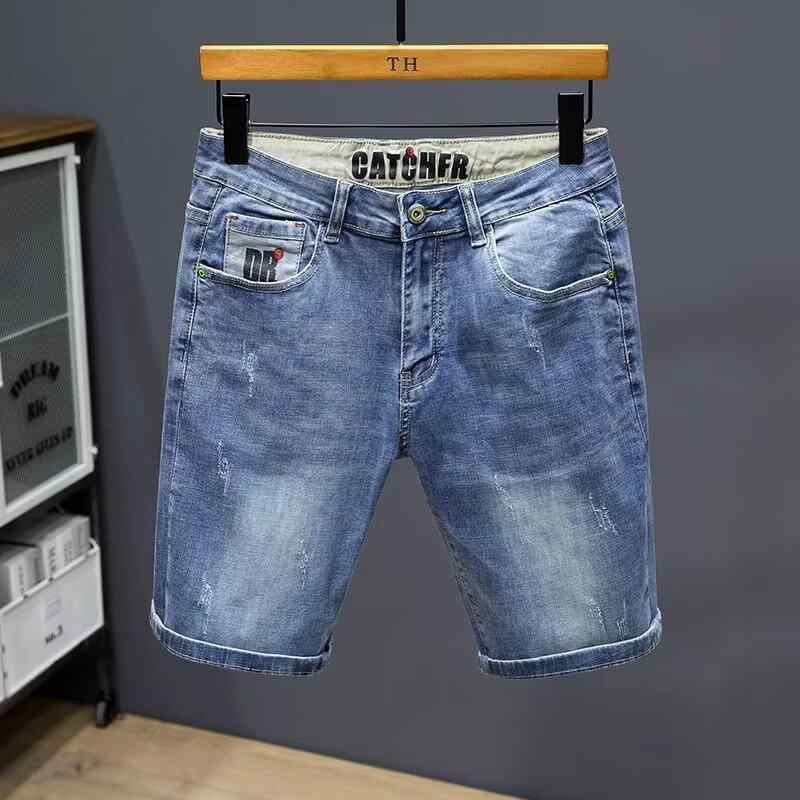 メンズ 夏用 デニム ショートパンツ ブルー 直筒型 中腰 薄手 伸縮性 プリント ビンテージ 洗い加工 韓国風 ゆったり フィット 日常使い カジュアル 軽量 通勤 普段着 アウトドア 青少年向け