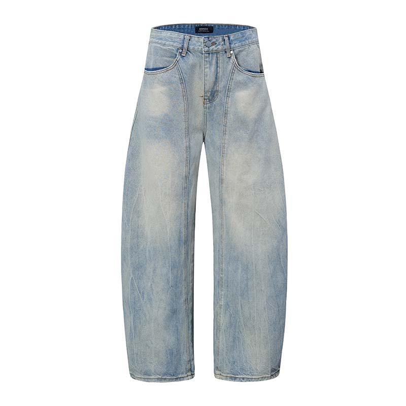 メンズ デニムパンツ 直筒 牛仔 切り替え デザイン シルエット スタイリッシュ ワイドレッグ ロング ミッドライズ ジップフライ コットン混紡 コットン素材 無弾性 ライトウォッシュ 加工 ゆったり シルエット ゆったりフィット コージュアル 普段使い