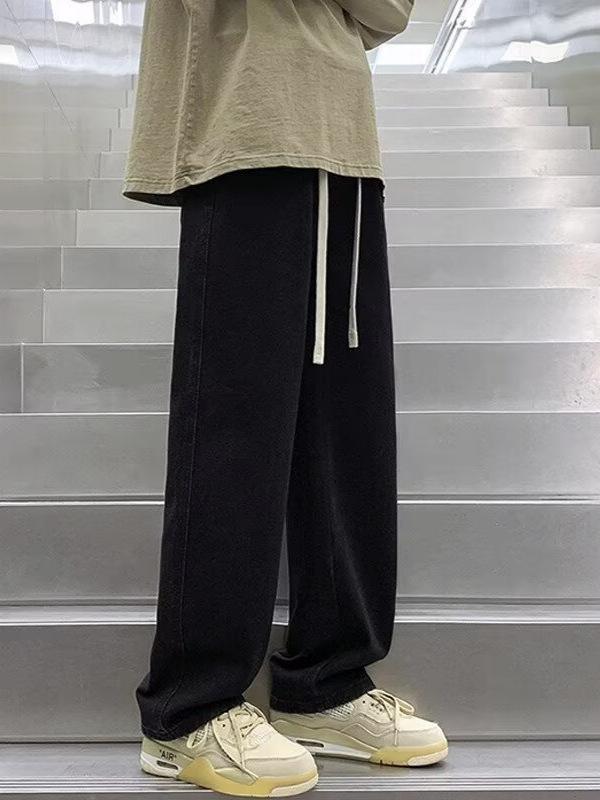 メンズ 秋冬 牛仔パンツ 男性用 ストレート ワイドパンツ 松腰 長ズボン トレンド ストリートファッション 暖か 加厚 コットン ポリエステル ストレッチ イージーケア 日常 秋冬 黒 グレー ブルー ライトブルー ミッドライズ ロープクロージャー 3