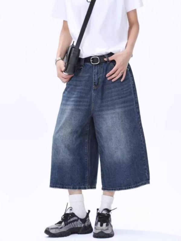メンズ 牛仔パンツ 七分丈 夏用 薄手 ゆったり ワイド レッグ ビンテージ スタイル 直筒 デザイン 中腰 ジップフライ 黒灰色 ブルー コットン 素材 日常使い 青少年向け 洗い加工 仕上げ 切り替え ディテール 無伸縮 ライトウェイト カジュアル
