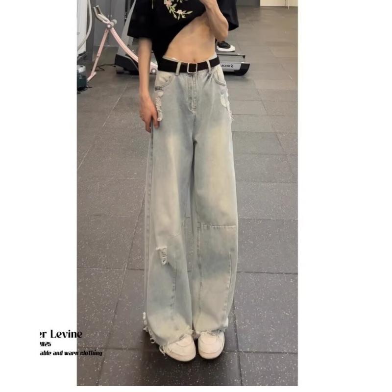 メンズ デニムパンツ ライトブルー 破れ フレア 薄手 夏用 コットン 微弾性 ミッドライズ ジップフライ ワイドレッグ ストレート ロング丈 ラフヘム ヴィンテージ ストリート 日常 青年向け 通年 4,802円