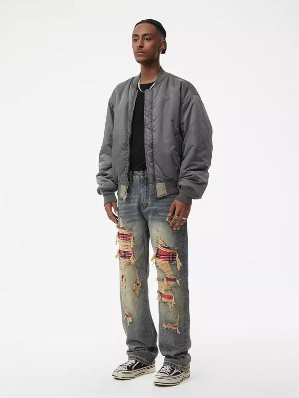 メンズ 牛仔パンツ 直筒型 破れ加工 補丁デザイン ワイドシルエット ミッドライズ ジーンズ ストリートファッション デニム素材 ポリエステル混 日常使い 通年対応 ゆったりフィット ヴィンテージスタイル 加工ジーンズ ラフコーデ